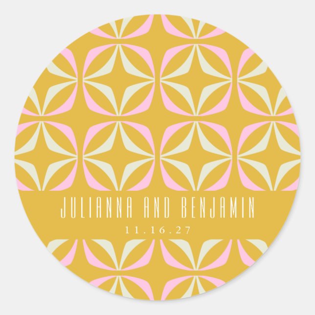 Pegatina Redonda Boda personalizada Mid Mod Geometric Yellow Pink (Anverso)