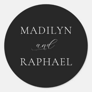 Pegatina Redonda Boda Personalizada Minimalista Simple Negro Blanco