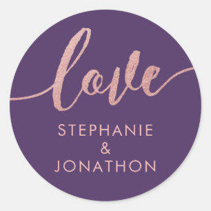 Pegatina Redonda Boda Personalizada Plum Purple + Pink Moody Love