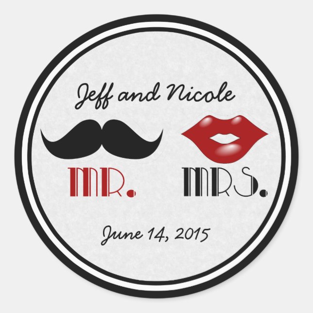Pegatina Redonda Boda personalizada Retro Mustache (Anverso)
