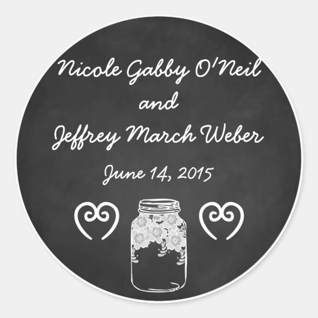 Pegatina Redonda Boda personalizada Rustic Chalkboard Mason Jar (Anverso)