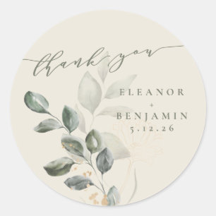 Pegatina Redonda Boda personalizada Rustic Gold Greenery Gracias