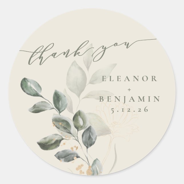 Pegatina Redonda Boda personalizada Rustic Gold Greenery Gracias (Anverso)