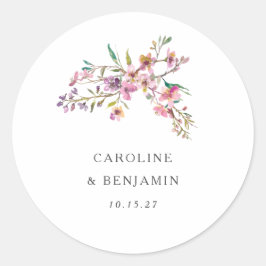 Pegatina Redonda Boda Personalizado Boho Pink Wildflowers minimalis