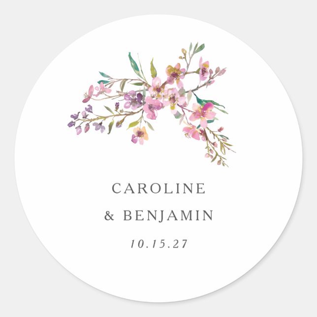 Pegatina Redonda Boda Personalizado Boho Pink Wildflowers minimalis (Anverso)