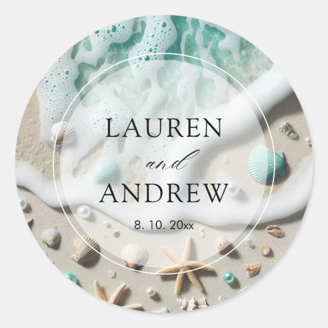 Pegatina Redonda Boda personalizado de Beach Ocean (Anverso)