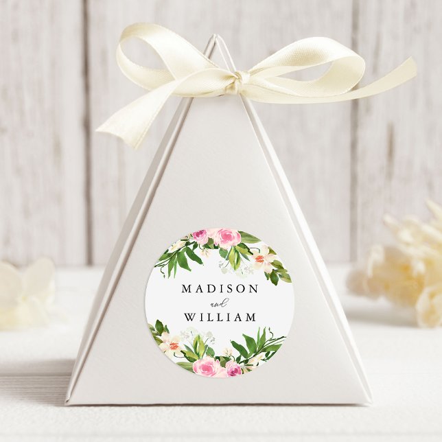 Pegatina Redonda Boda personalizado de floral rosa suave (Subido por el creador)
