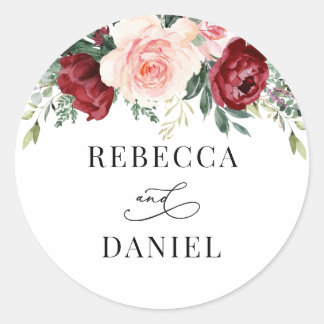 Pegatina Redonda Boda personalizado de la floral de Rubor en Borgoñ