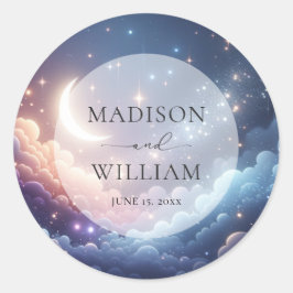 Pegatina Redonda Boda Personalizado de Luna Celeste y Estrellas