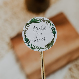 Pegatina Redonda Boda personalizado de Palm Wreath