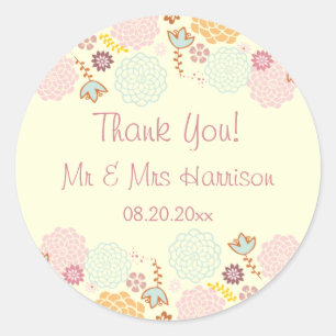 Pegatina Redonda Boda Personalizado Gracias Fancy Modern Floral