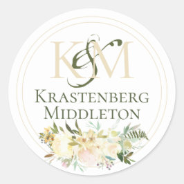 Pegatina Redonda Boda Personalizado Monograma Nombre Crema blanca