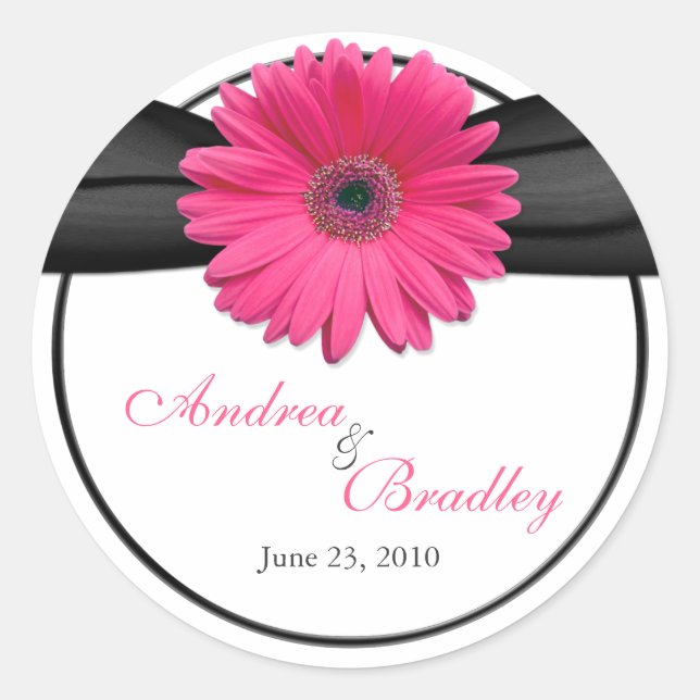 Pegatina Redonda Boda personalizado rosado Gerbera Daisy Black (Anverso)