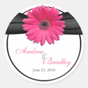 Pegatina Redonda Boda personalizado rosado Gerbera Daisy Black