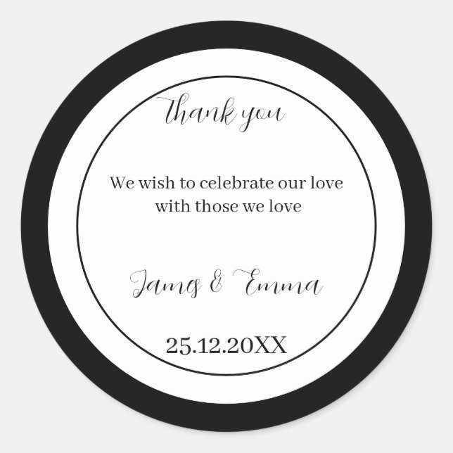 Pegatina Redonda Boda Personalizado Simple En Blanco Y Negro (Anverso)