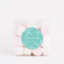 Pegatina Redonda Boda personalizado turquesa y pez estrella blanco