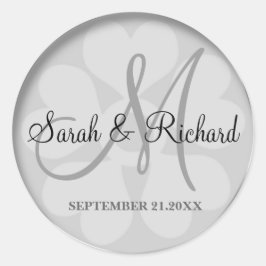 Pegatina Redonda Boda Plata Clásico Monograma Novia Y Groom