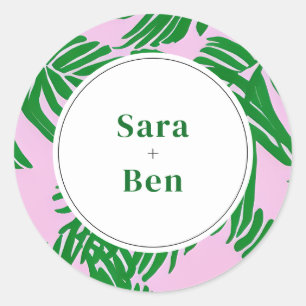Pegatina Redonda Boda playera moderna rosa y verde palmera