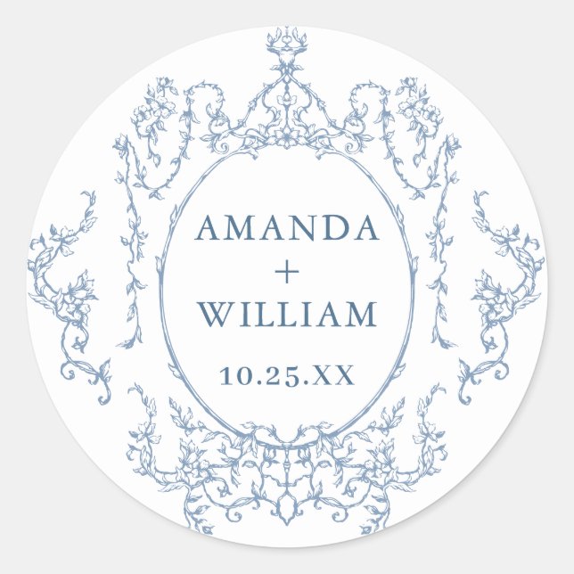 Pegatina Redonda Boda Polvorienta Azul de Encaje Victoriano Ornate (Anverso)