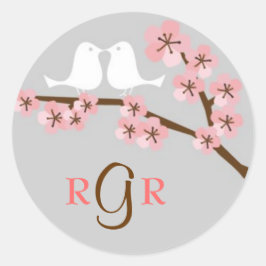 Pegatina Redonda Boda Primaria con flores de cerezo rosa y gris
