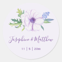 Pegatina Redonda Boda Primaria Púrpura Anemone Hyacinth