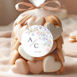 Pegatina Redonda Boda Primavera Purple & Pink Wildflowers