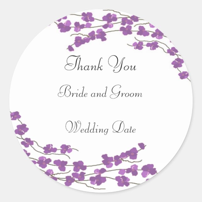 Pegatina Redonda Boda Purple Blossom Gracias (Anverso)