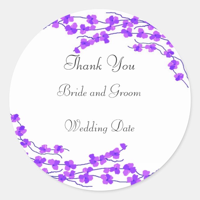 Pegatina Redonda Boda Purple Blossom Gracias (Anverso)