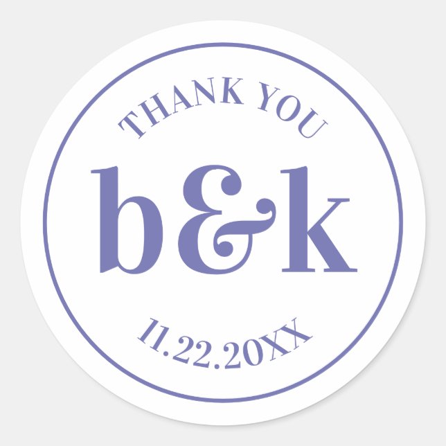 Pegatina Redonda Boda PURPLE de Iniciales Mínimas Modernas de Monog (Anverso)