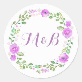 Pegatina Redonda Boda púrpura de flor acuarela