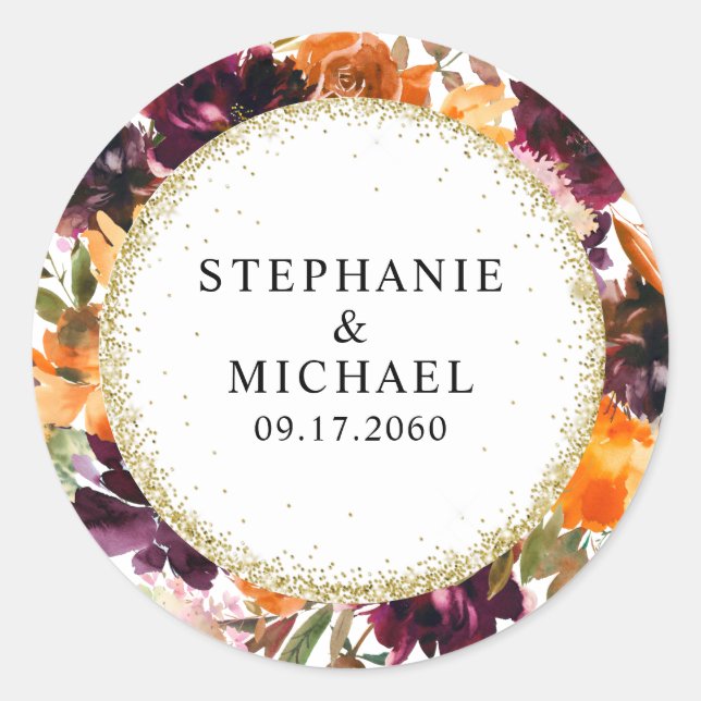 Pegatina Redonda Boda Purpurina de Oro Floral de Otoño (Anverso)
