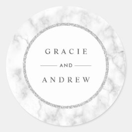 Pegatina Redonda Boda Purpurina de plata de mármol blanco moderno