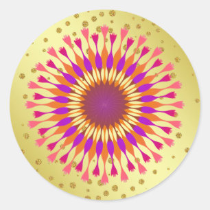 Pegatina Redonda Boda Purpurina de Relieve metalizado de flor de or