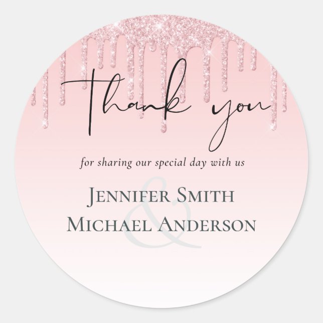 Pegatina Redonda BODA Purpurina rosado con goteo de presupuesto (Anverso)