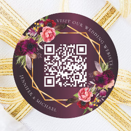 Pegatina Redonda Boda QR geométrico de oro de flores rosadas de Bor