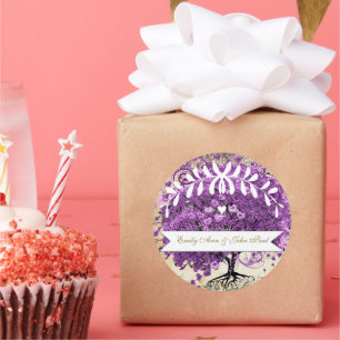 Pegatina Redonda Boda radiante púrpura romántico de hoja cardíaca