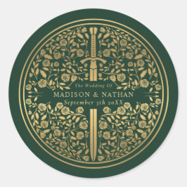 Pegatina Redonda Boda Real de Espada Medieval Verde