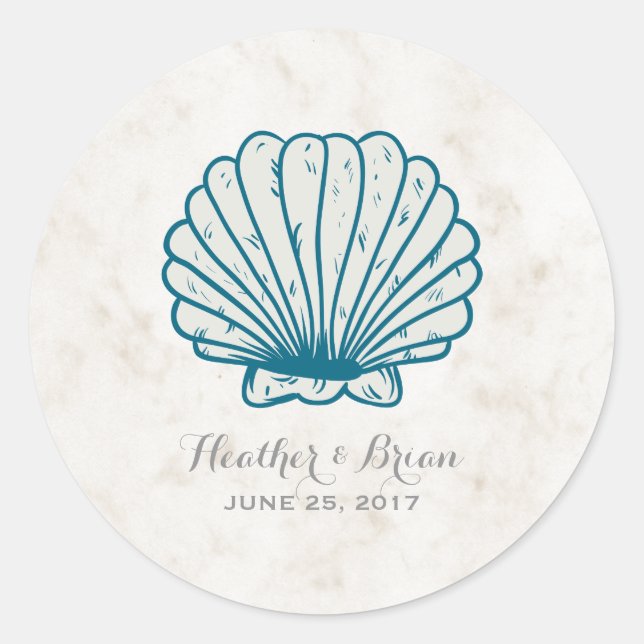 Pegatina Redonda Boda Real Rustic Seashell (Anverso)