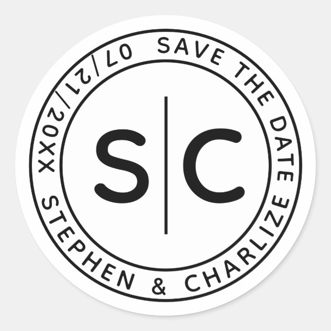 Pegatina Redonda Boda redonda de monograma moderno salva la fecha (Anverso)