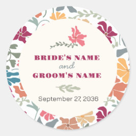 Pegatina Redonda Boda Retro de Época Media Floral Boho Chic