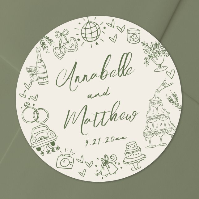 Pegatina Redonda Boda Retro Dibujada a Mano (Hand Drawn Retro Wedding Classic Round Sticker)