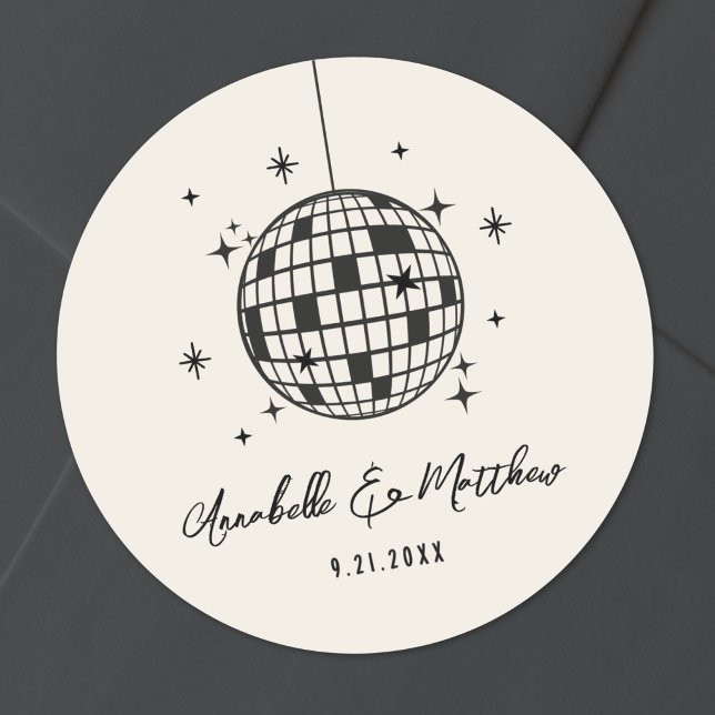 Pegatina Redonda Boda Retro Disco Dibujada a Mano (Disco Retro Hand Drawn Wedding Classic Round Sticker)