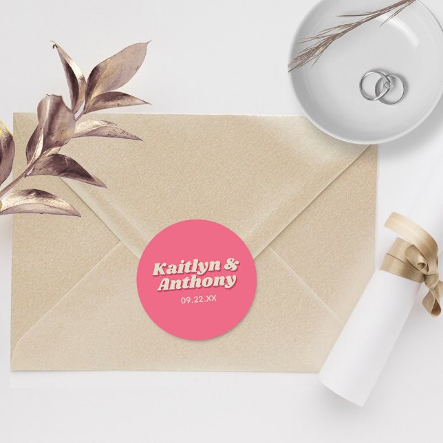 Pegatina Redonda boda Retro Groovy Viva Magenta de los años 70 (Subido por el creador)