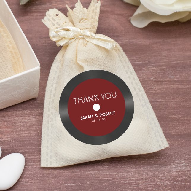 Pegatina Redonda Boda Retro Red Vinyl Record Gracias (Retro Red Vinyl Record Wedding Thank You Classic Round Sticker)