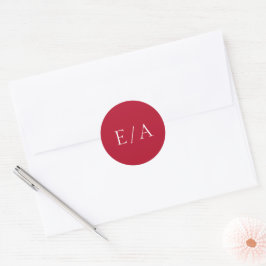 Pegatina Redonda Boda Roja Minimalista Moderna y Elegante Monograma