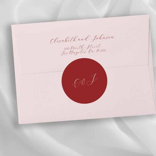 Pegatina Redonda Boda rojo con guión de moda elegante monograma (Return address personalized envelopes can be purchased separately - please see the collection)