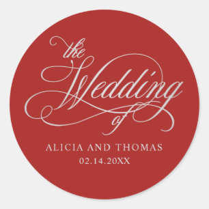 Pegatina Redonda Boda rojo romántico con caligrafía