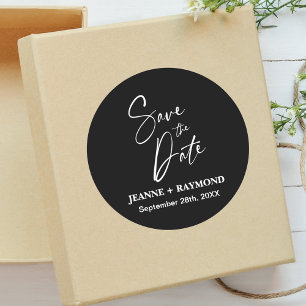 Pegatina Redonda Boda romántica caligráfica salva la fecha negra