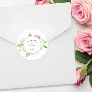 Pegatina Redonda Boda Romántica con Rosas de Acuarela Rosadas/Marfi