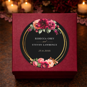 Pegatina Redonda Boda romántica floral elegante roja negra y melanc